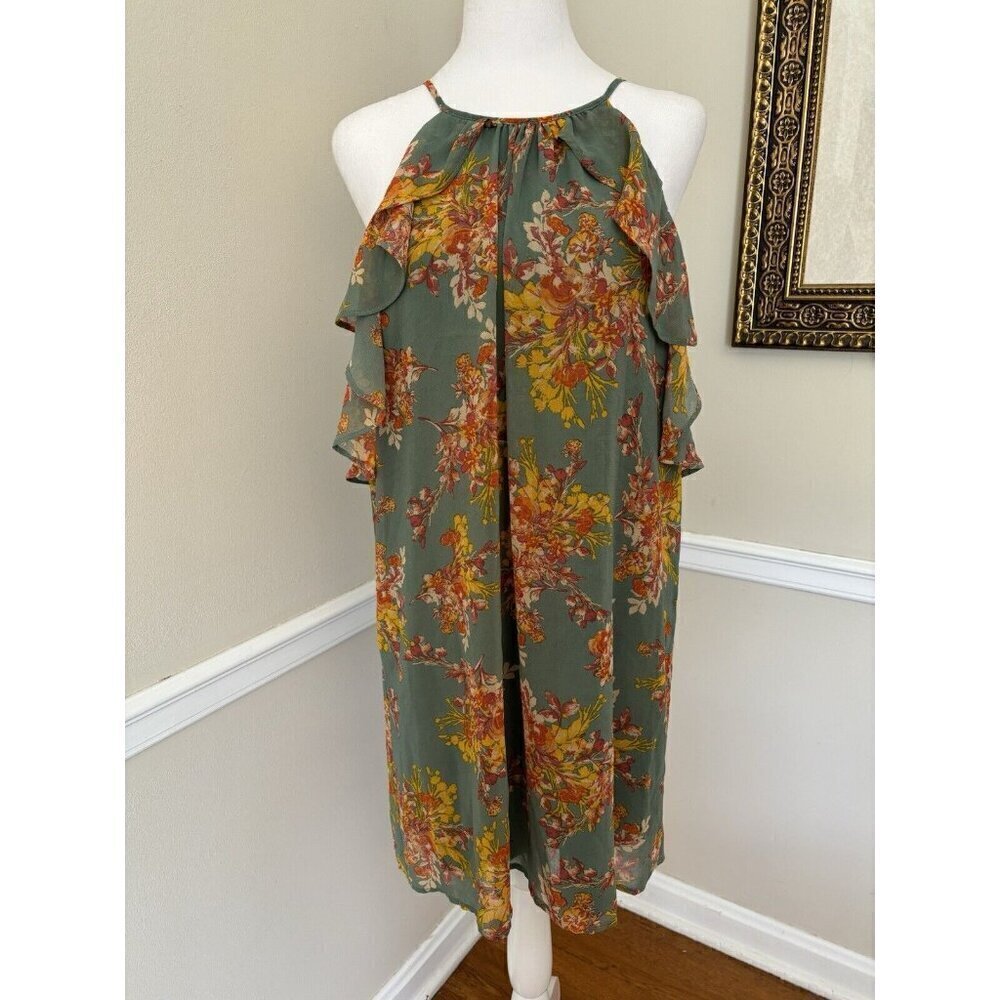 Blue Rain Womens Size Large Green Floral Shift Dress  Ruffle Cold Shoulder